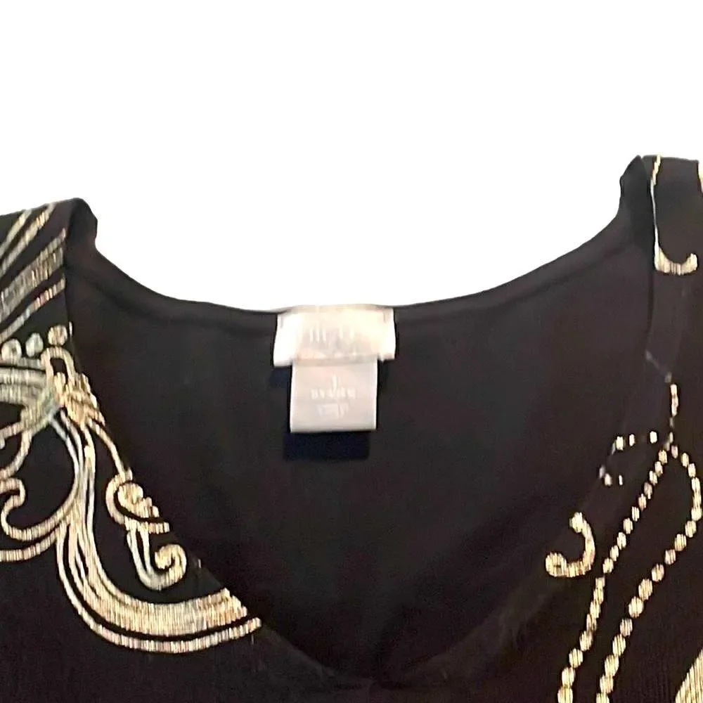 Chico’s black and metallic swirly print v-neck long sleeve sweater size M